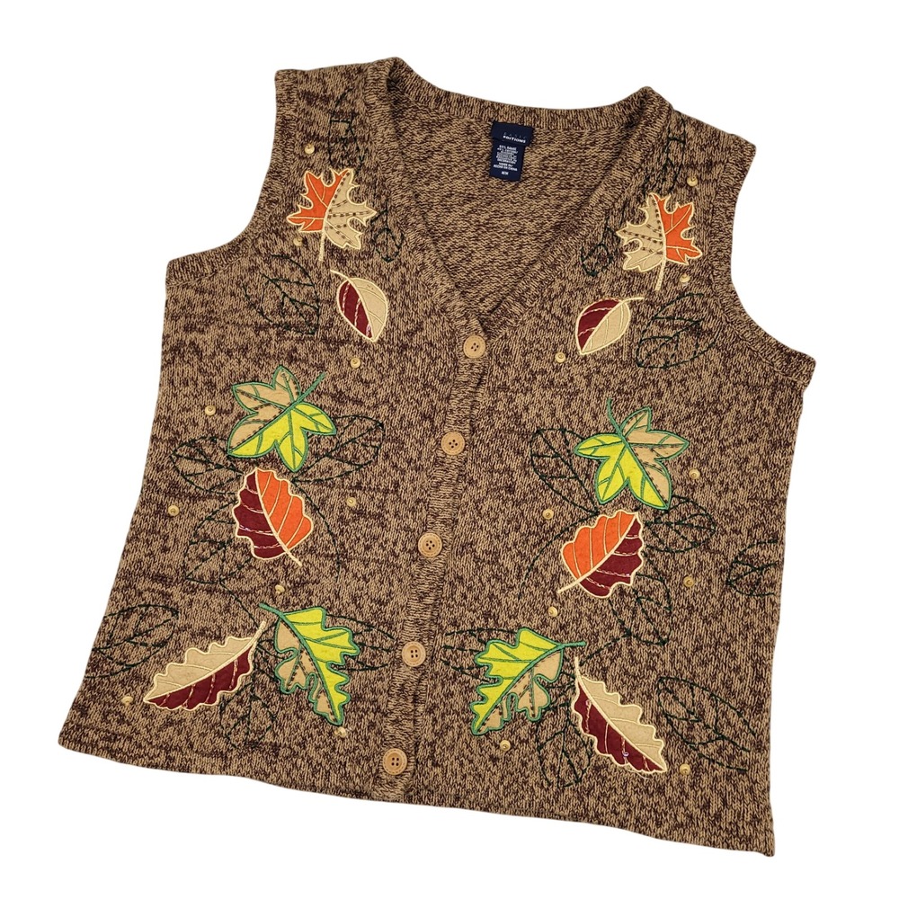 Vintage 90s Basic Editions Womens Medium Fall Leaves Sweater Vest Grandmacore